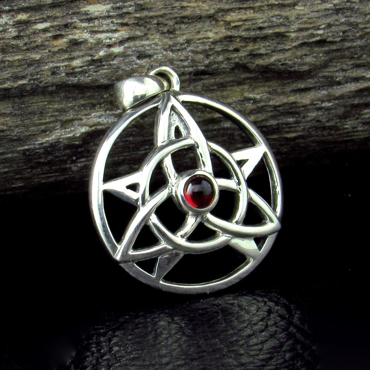 Solid 925 Sterling Silver Pentacle Pendant, Celtic Trinity Knot Gemstone Amulet, Amethyst Garnet Moonstone