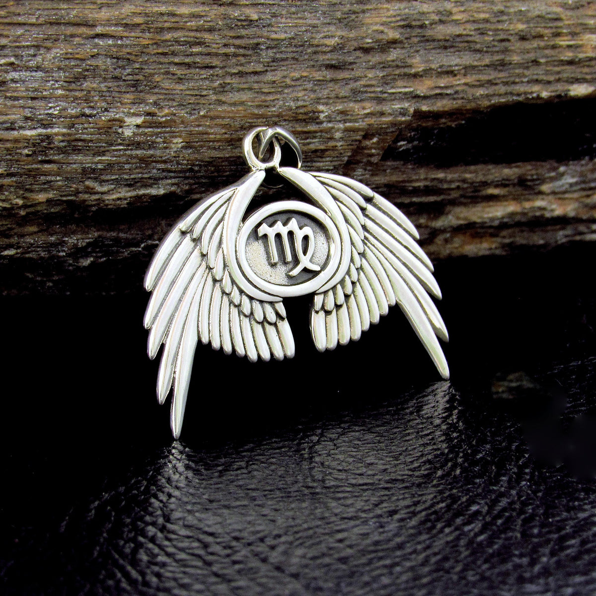 Solid 925 Sterling Silver Virgo Glyph Angel Wings Pendant, Zodiac Astrology Protection Amulet