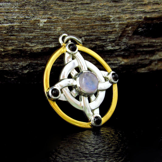 Solid 925 Sterling Silver & 18k Gold Witch's Protection Knot Pendant, Celtic Quaternary Knot, with Moonstone, Onyx, and Quartz