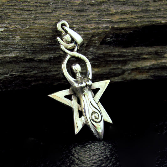 Solid 925 Sterling Silver Spiral Goddess Pentagram Pendant, Sacred Feminine Empowerment Symbol