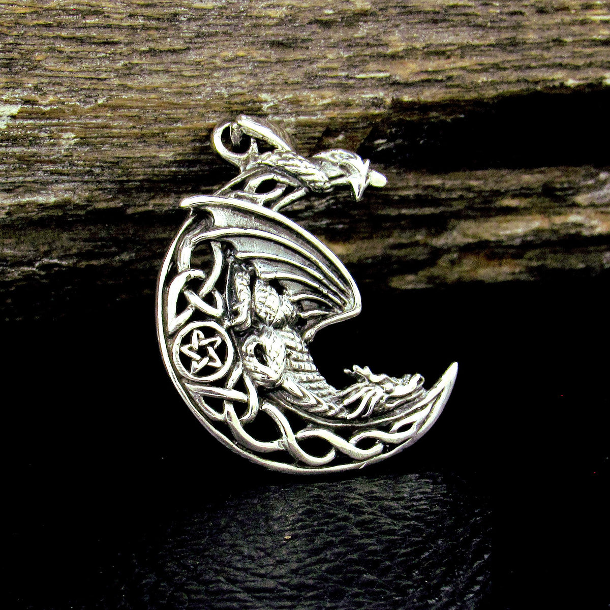 Solid 925 Sterling Silver Dragon Moon Pendant – Celtic Dragon Necklace Amulet, Gothic Fantasy Jewelry