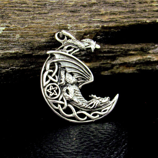 Solid 925 Sterling Silver Dragon Moon Pendant – Celtic Dragon Necklace Amulet, Gothic Fantasy Jewelry