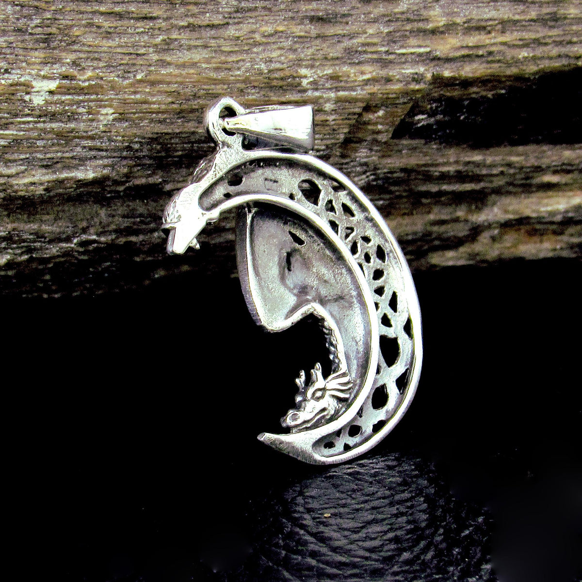 Solid 925 Sterling Silver Dragon Moon Pendant – Celtic Dragon Necklace Amulet, Gothic Fantasy Jewelry
