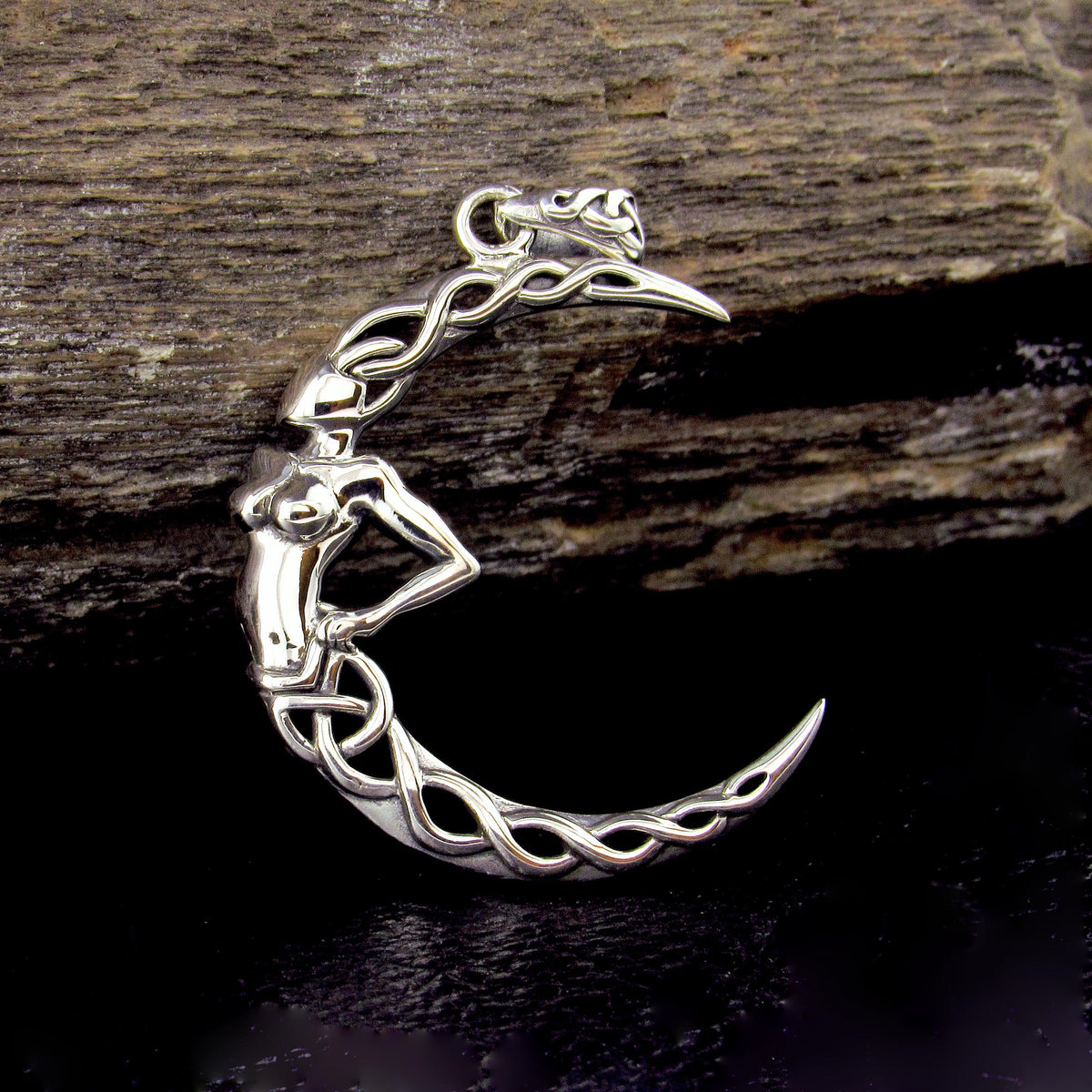 Solid 925 Sterling Silver Celtic Moon Goddess Pendant, Pagan Crescent Moon Amulet, Celestial Jewelry