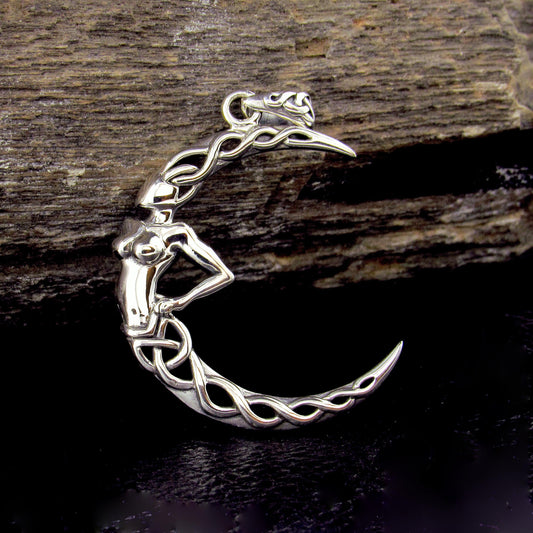 Solid 925 Sterling Silver Celtic Moon Goddess Pendant, Pagan Crescent Moon Amulet, Celestial Jewelry