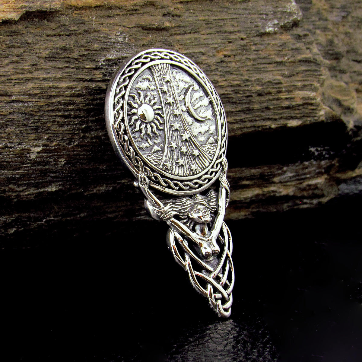 Solid 925 Sterling Silver Goddess Sun Moon & Stars Pagan Amulet, Gothic Celestial Jewelry