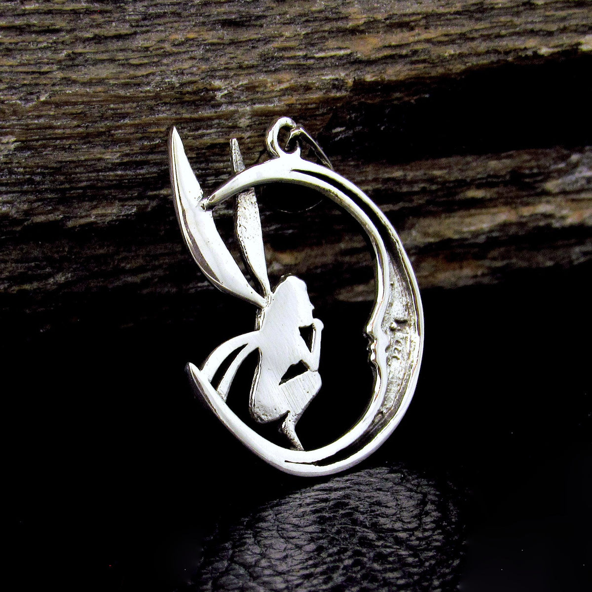 Solid 925 Sterling Silver Fairy Moon Pendant, Crescent Moon Fairycore Amulet, Mystical Fantasy Jewelry