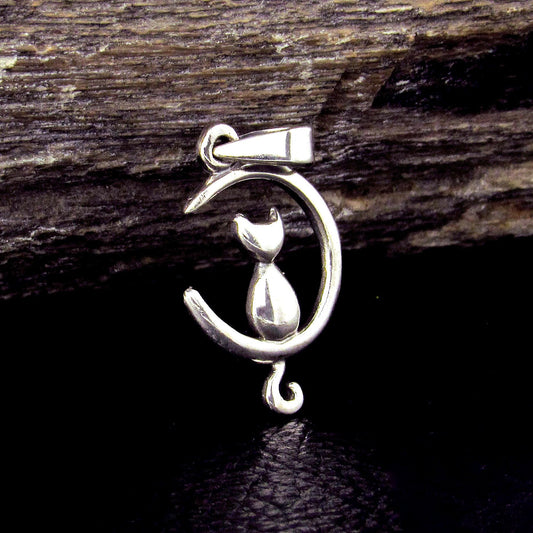 Solid 925 Sterling Silver Crescent Moon Cat Pendant, Witchy Feline Celestial Necklace Charm