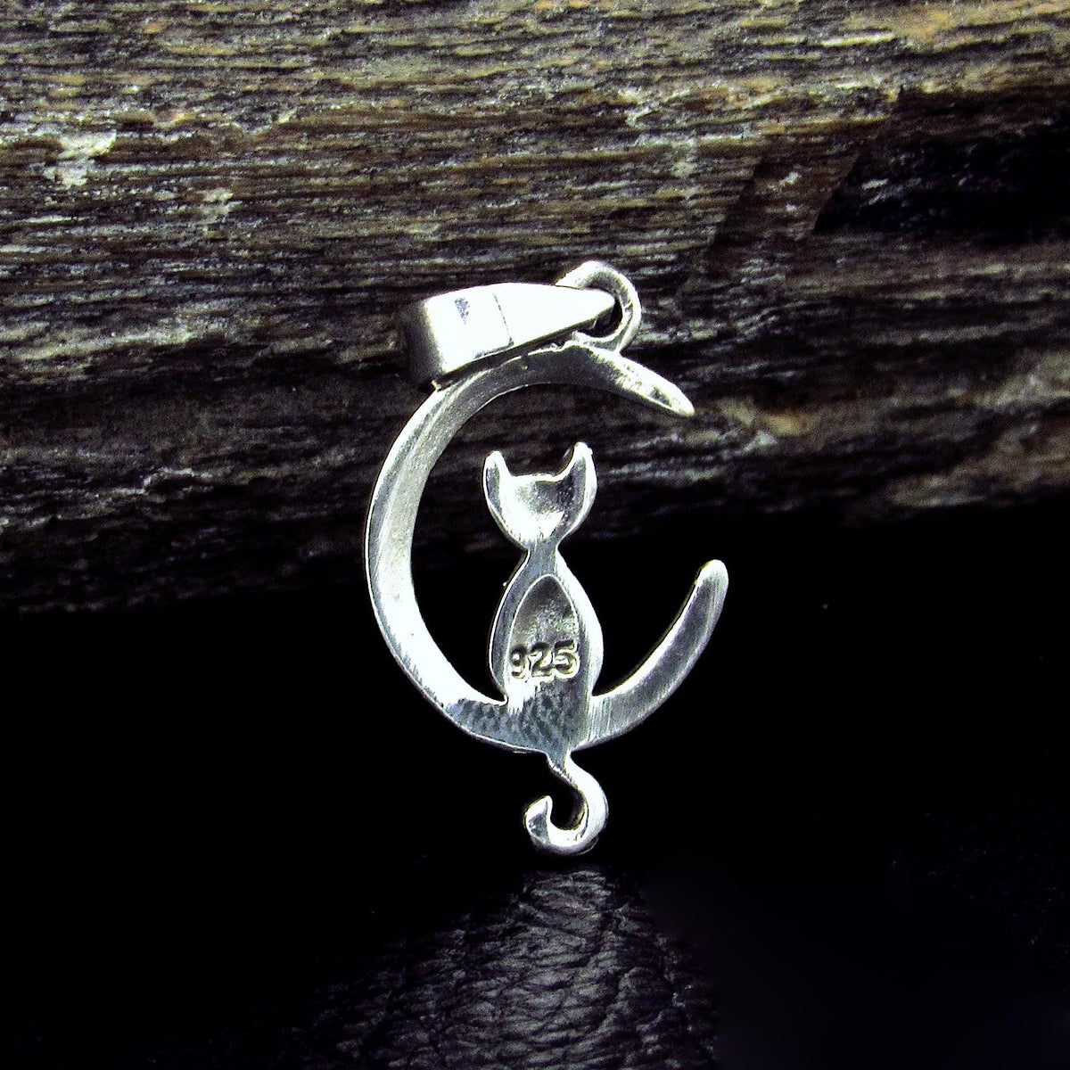 Solid 925 Sterling Silver Crescent Moon Cat Pendant, Witchy Feline Celestial Necklace Charm