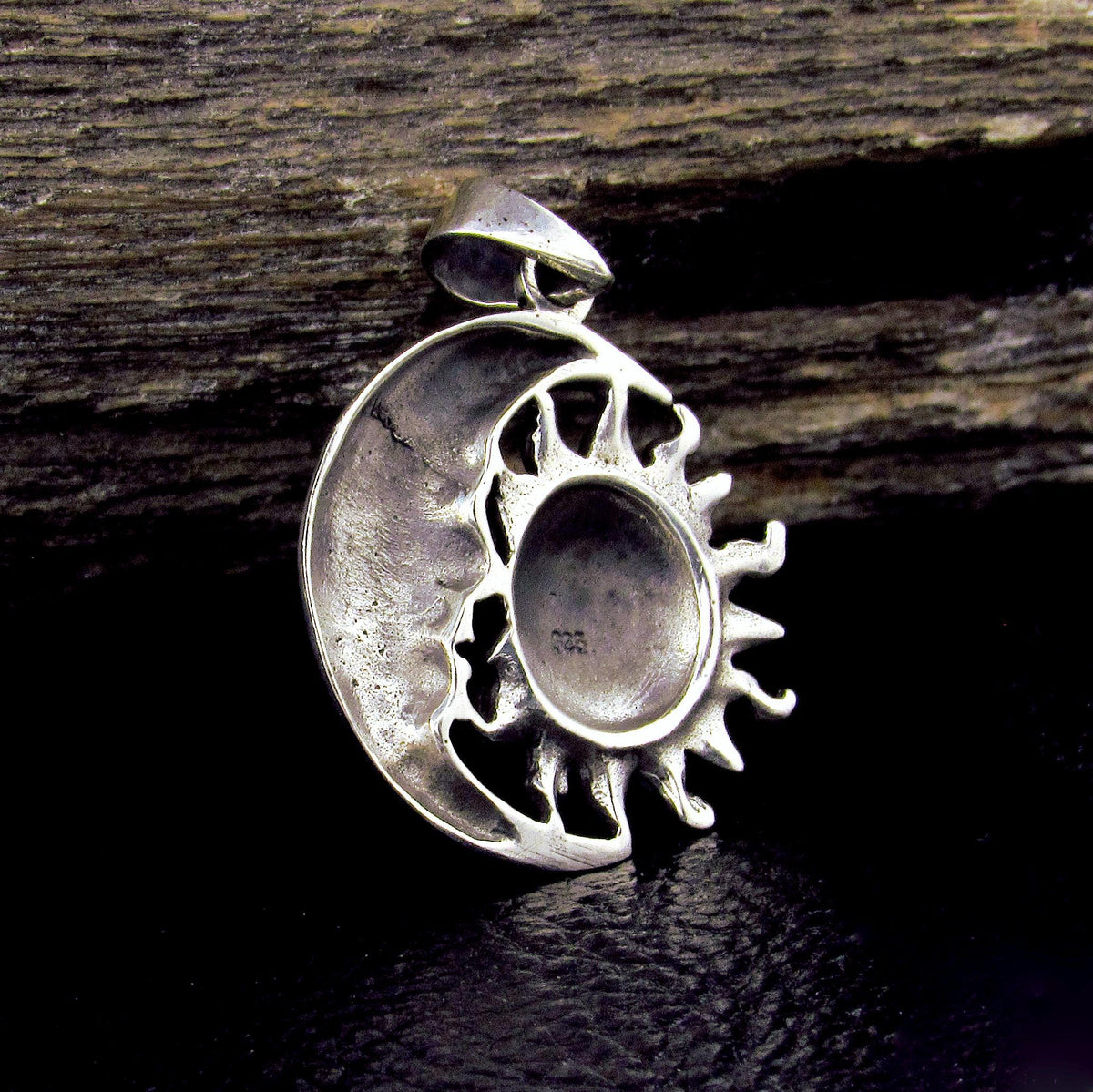 Solid 925 Sterling Silver Sun and Crescent Moon Faces Pendant, Cosmic Solar & Lunar Amulet