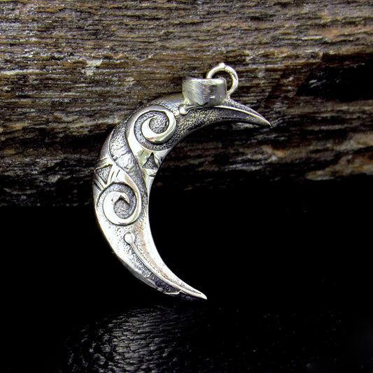 Solid 925 Sterling Silver Crescent Moon Pendant, Spiral Goddess Moon, Pagan Jewelry Charm