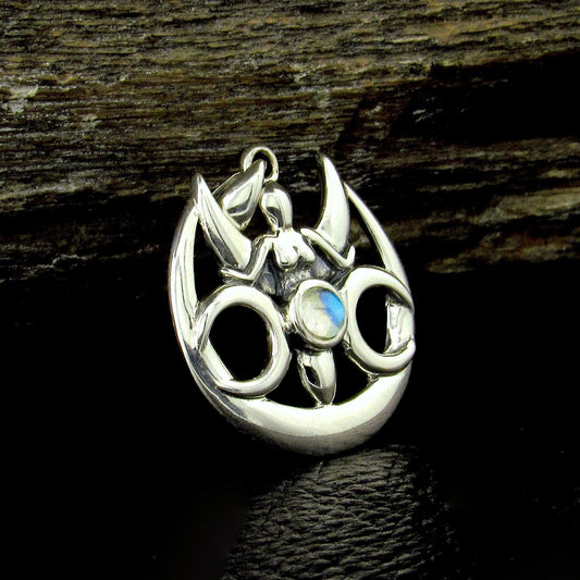 Solid 925 Sterling Silver Goddess Triple Moon Rainbow Moonstone Pendant, Maiden Mother Crone Amulet