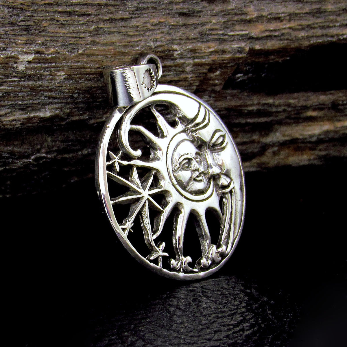 Solid 925 Sterling Silver Sun and Moon Face Pendant, Cosmic Stars Jewelry, Astrology Amulet