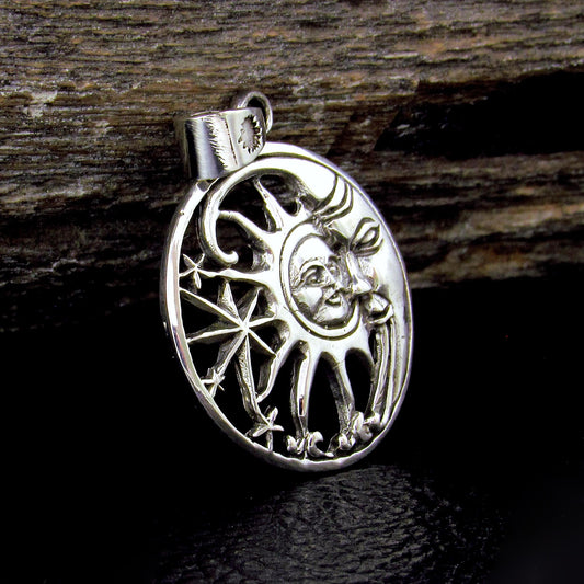 Solid 925 Sterling Silver Sun and Moon Face Pendant, Cosmic Stars Jewelry, Astrology Amulet