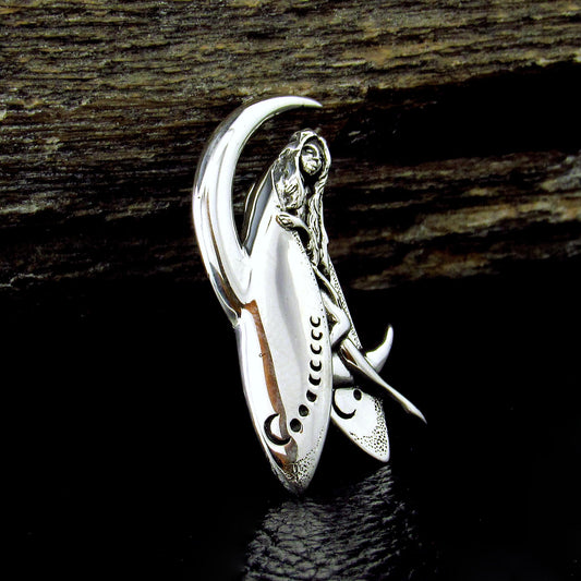 Solid 925 Sterling Silver Moon Fairy Pendant, Crescent Moon Faerie Amulet, Celestial Fantasy Jewelry
