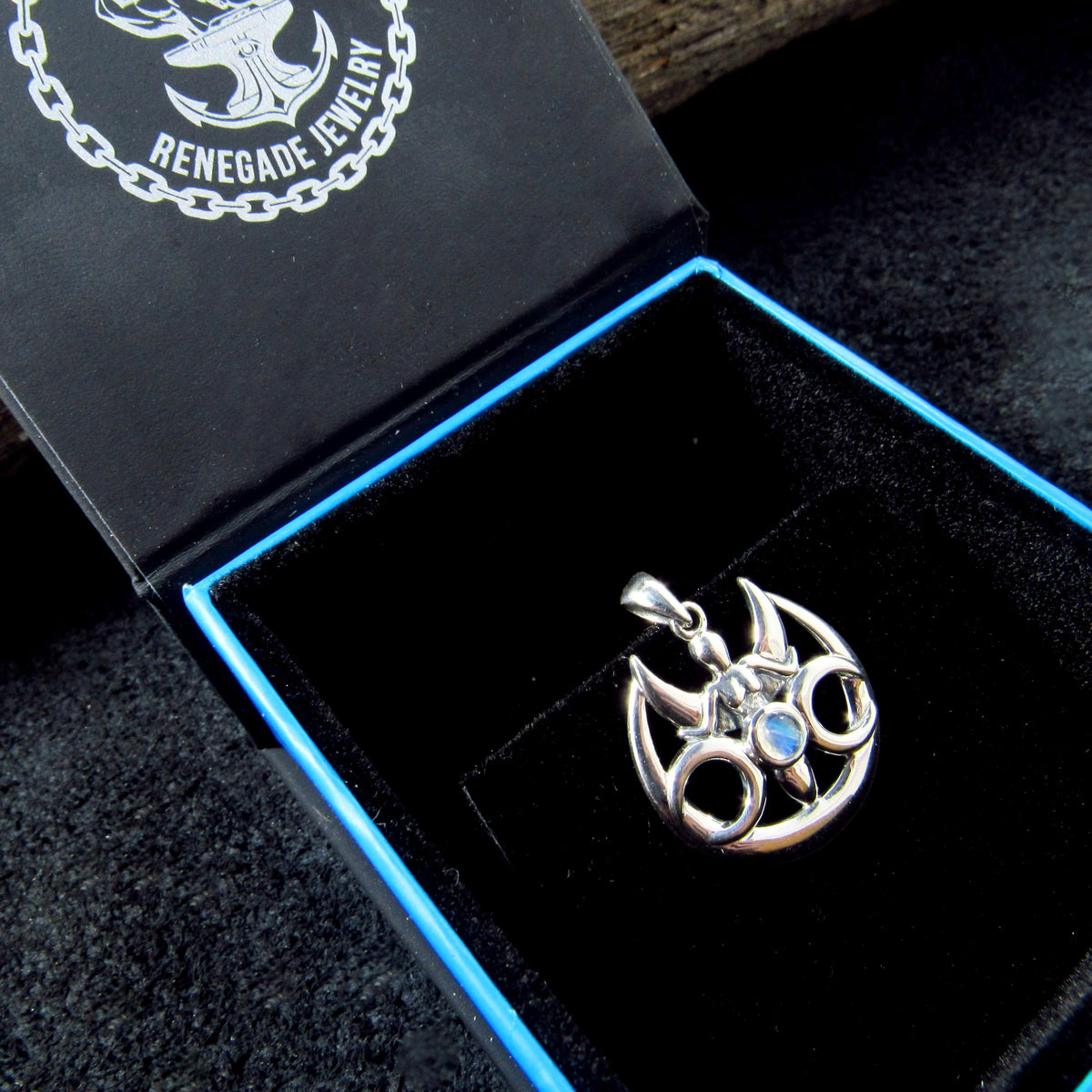 Solid 925 Sterling Silver Goddess Triple Moon Rainbow Moonstone Pendant, Maiden Mother Crone Amulet