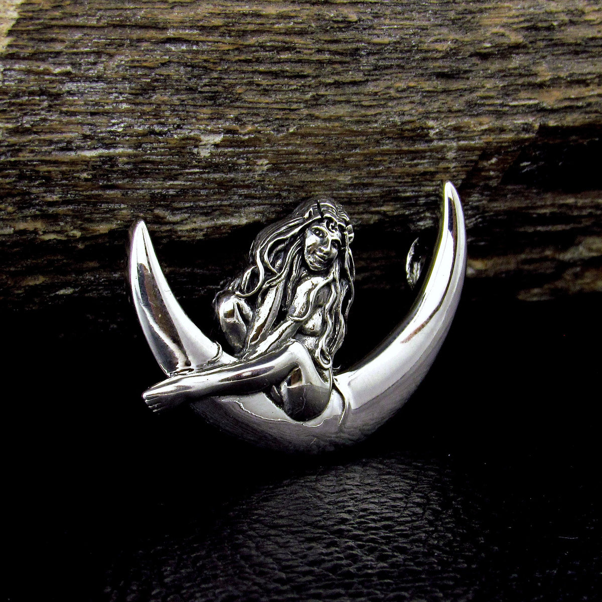 Solid 925 Sterling Silver Guardian Fairy on Crescent Moon Slide Pendant, Faerie Child Amulet