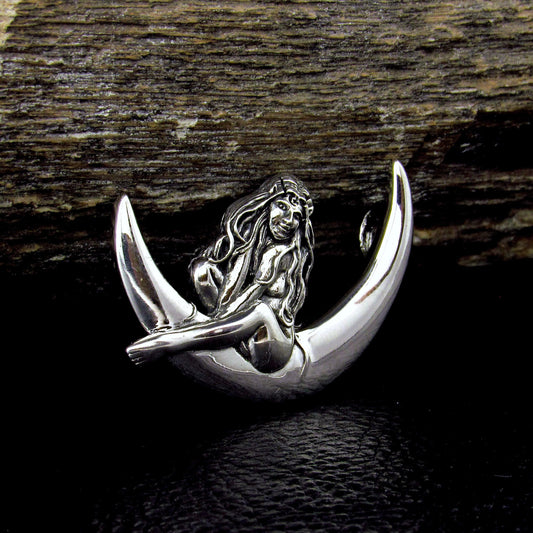 Solid 925 Sterling Silver Guardian Fairy on Crescent Moon Slide Pendant, Faerie Child Amulet