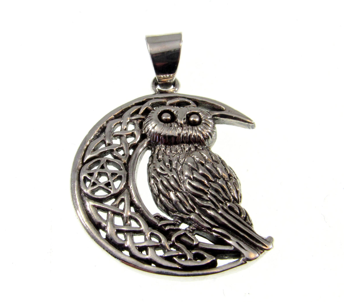 Solid 925 Sterling Silver Owl Crescent Moon Pendant, Celtic Knot Pentacle Wisdom Amulet