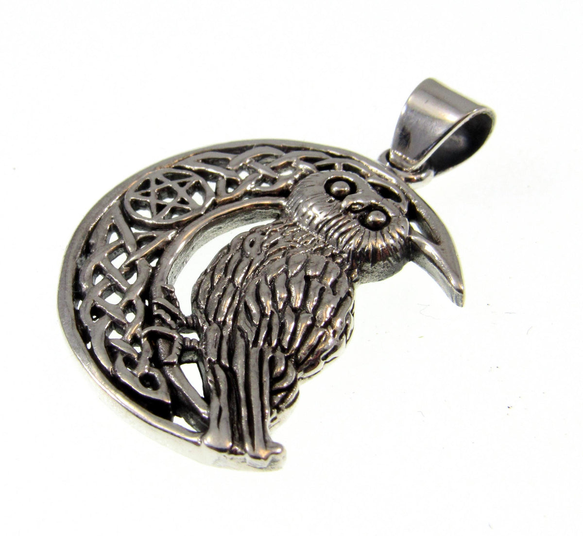Solid 925 Sterling Silver Owl Crescent Moon Pendant, Celtic Knot Pentacle Wisdom Amulet