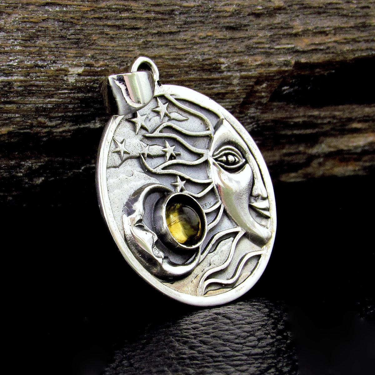 Solid 925 Sterling Silver Sun Moon & Stars Pendant with Citrine, Celestial Moon Face Amulet