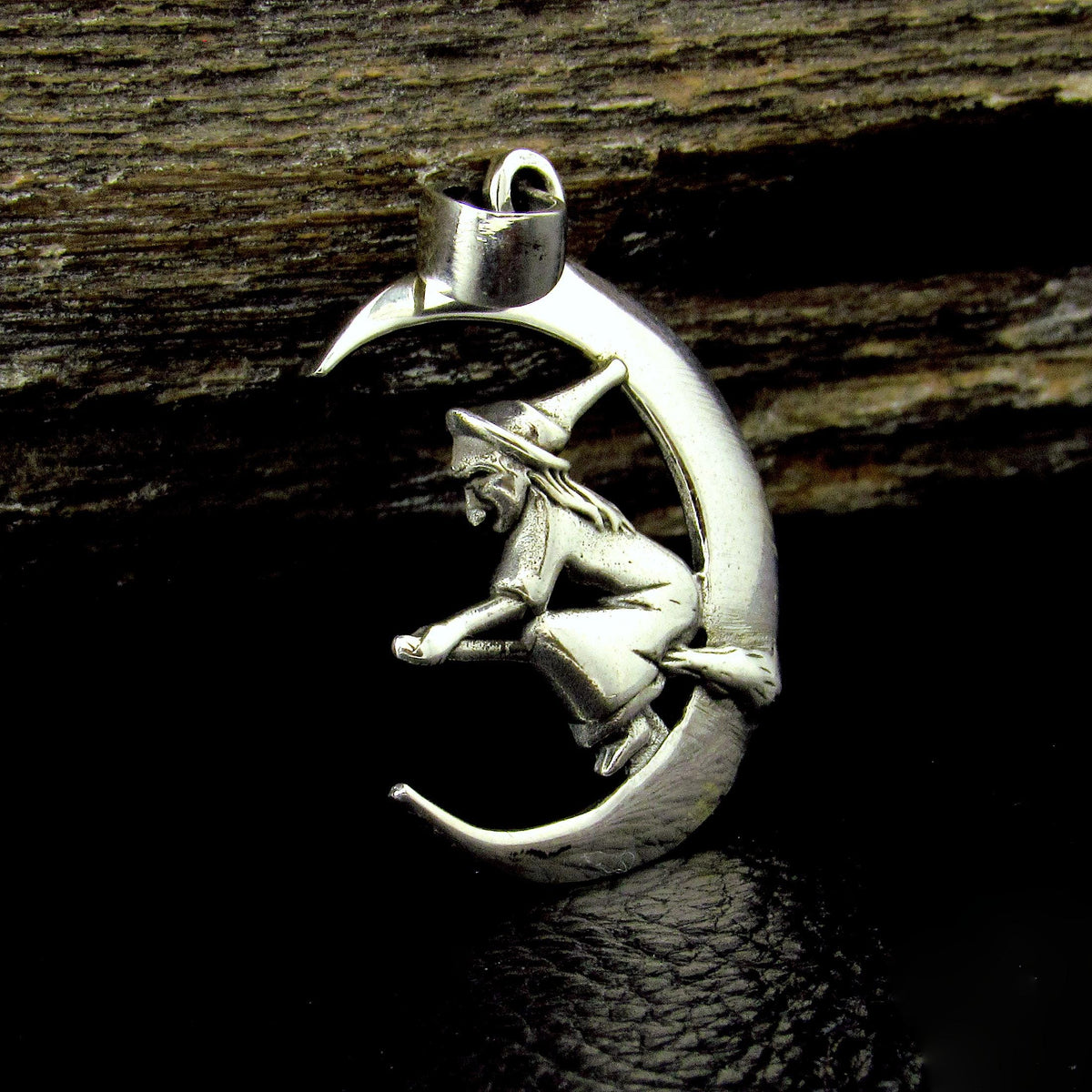 Solid 925 Sterling Silver Witch Flying on Crescent Moon Pendant, Wiccan Pagan Witchcraft Jewelry