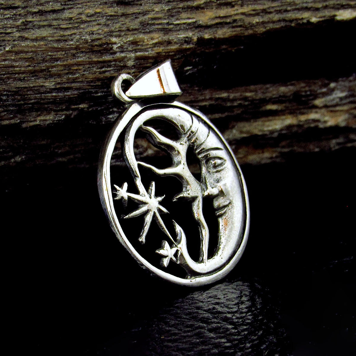 Solid 925 Sterling Silver Crescent Moon Face Pendant, Celestial Stars Amulet, Astrology Jewelry
