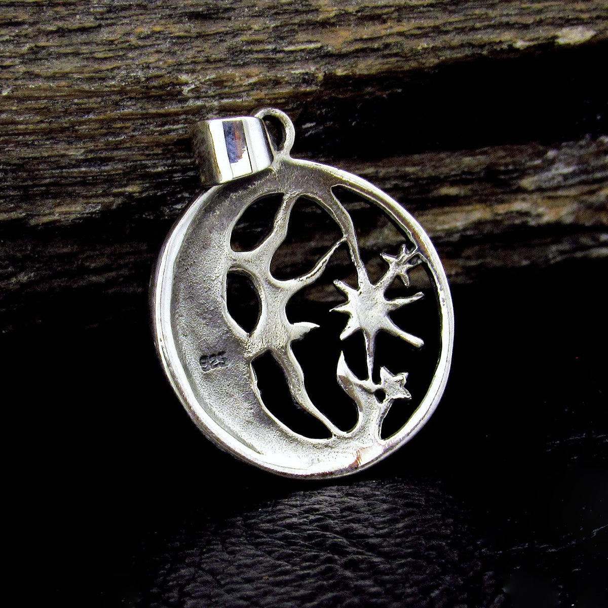 Solid 925 Sterling Silver Crescent Moon Face Pendant, Celestial Stars Amulet, Astrology Jewelry
