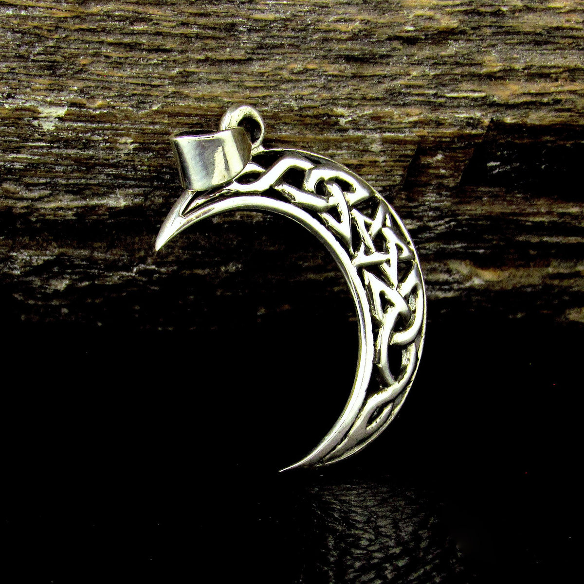 Solid 925 Sterling Silver Crescent Moon Pendant – Celtic Knot Pentagram Amulet – Wiccan Pagan Witch Jewelry – Silver Moon Necklace Charm