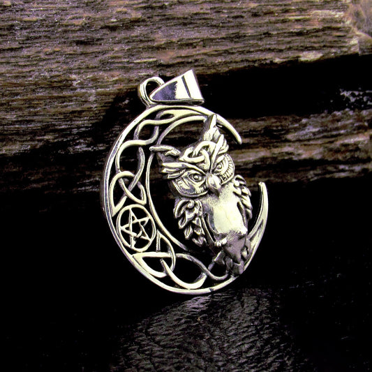 Solid 925 Sterling Silver Celtic Moon & Owl Pentacle Pendant, Pagan Woodland Owl Necklace Amulet