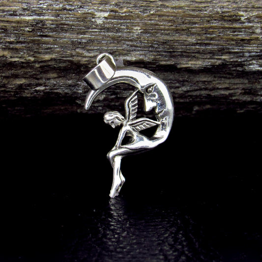 Solid 925 Sterling Silver Moon Fairy Pendant – Crescent Moon Faeire Charm, Celestial Fantasy Jewelry