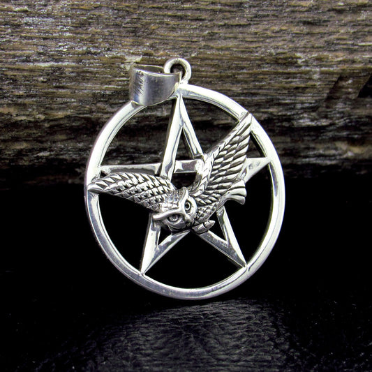 Solid 925 Sterling Silver Pentacle Pendant, Flying Owl Pentagram Amulet, Pagan Protection Talisman