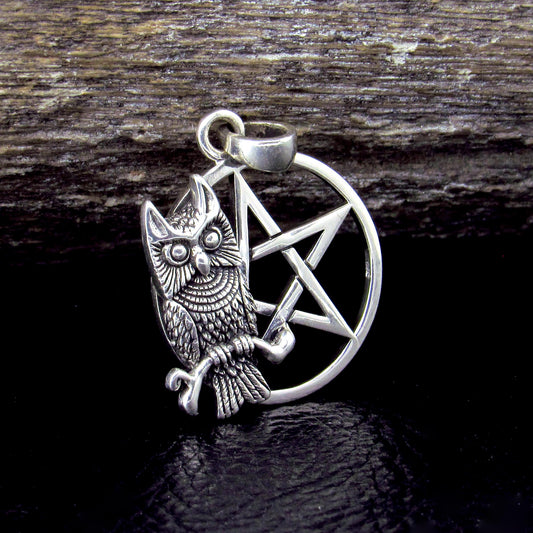 Owl of Wisdom Pentagram Talisman – Gothic Protection Pendant in Solid 925 Sterling Silver