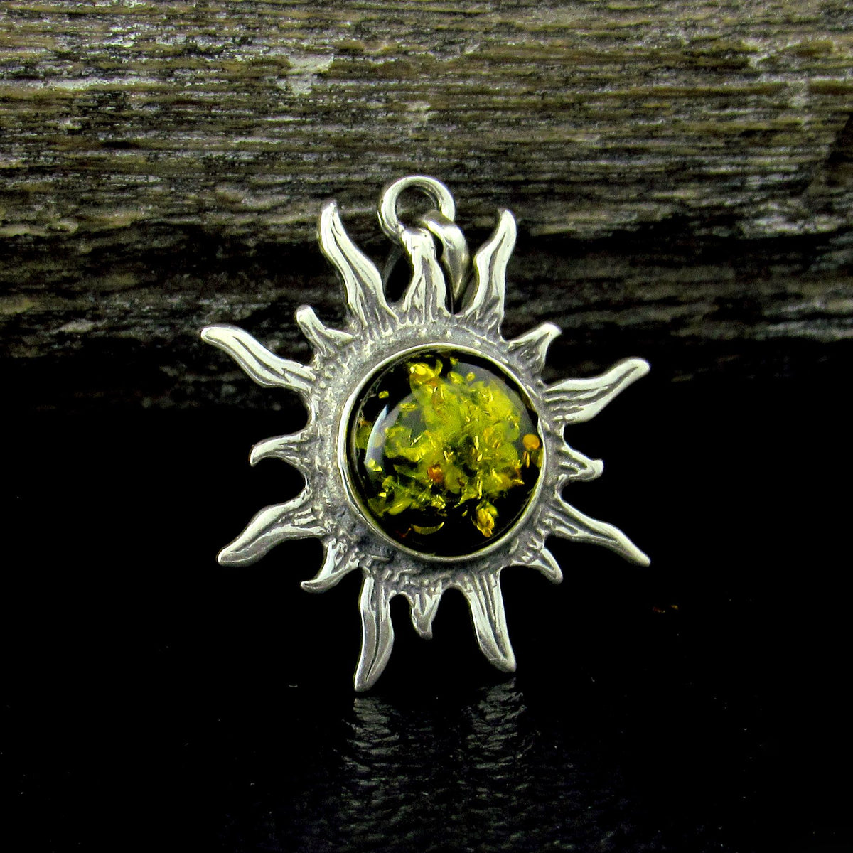 Solid 925 Sterling Silver Amber Sun Pendant – Baltic Amber Solar Necklace, Honey or Green