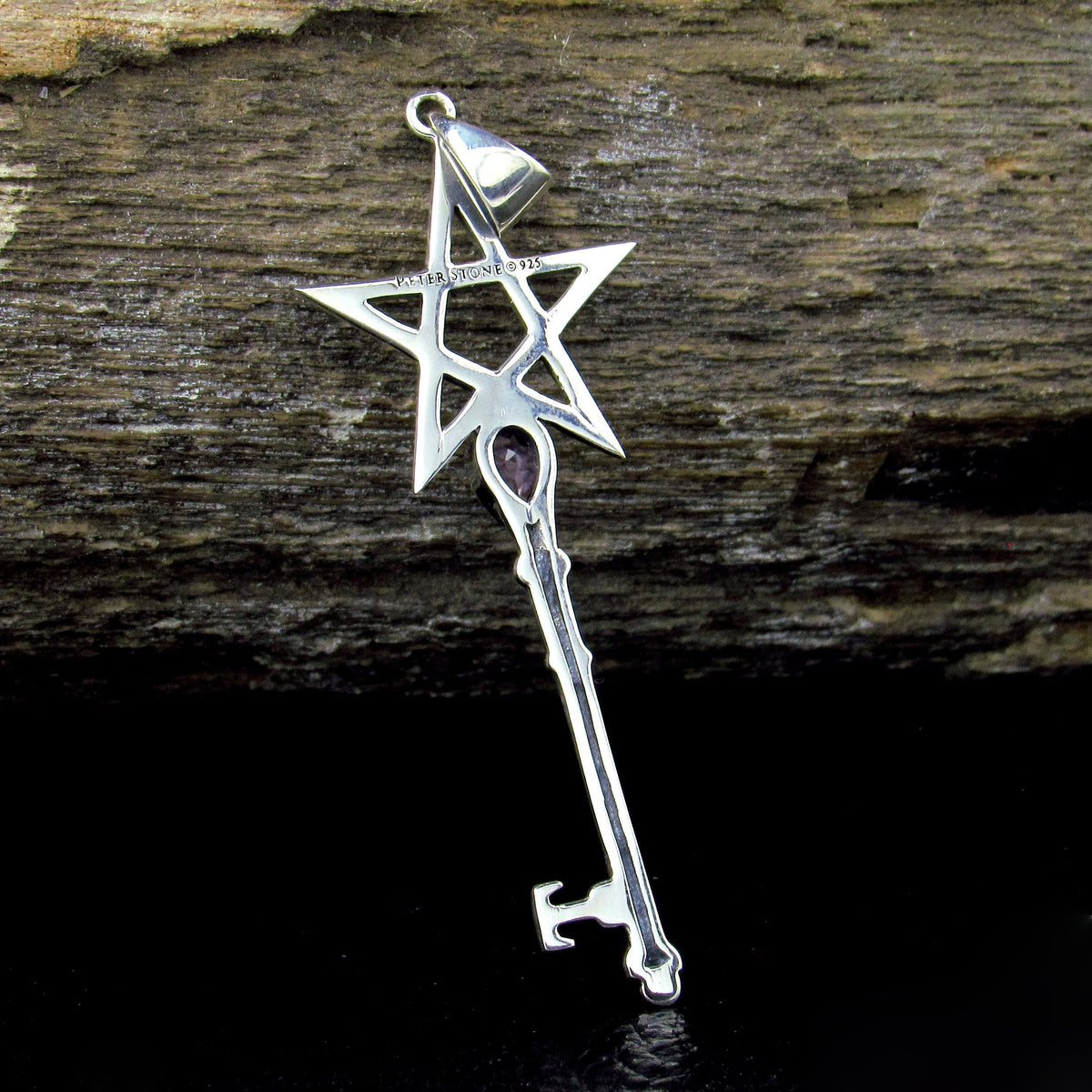 Solid 925 Sterling Silver Pentagram Key Gemstone Pendant – Amethyst Garnet Moonstone Labradorite Topaz
