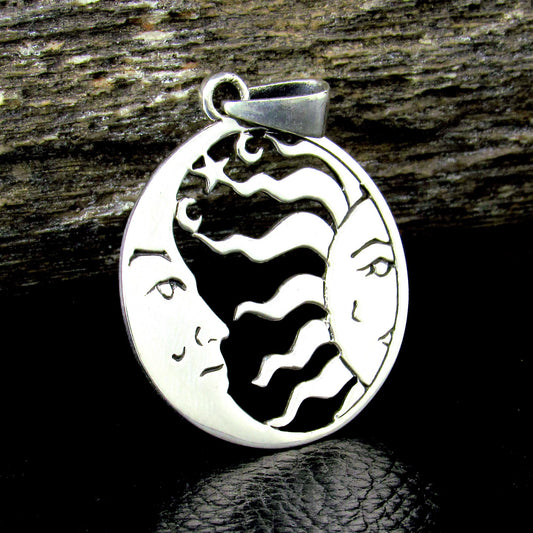 Solid 925 Sterling Silver Sun Moon Face Pendant, Celestial Necklace Amulet, Yin Yang Jewelry