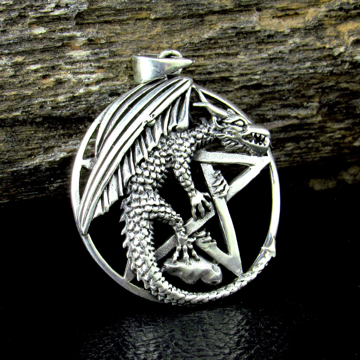 Solid 925 Sterling Silver Dragon Pentagram Pendant – Gothic Wiccan Protection Pentacle, Mythical Occult Talisman