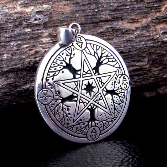 Solid 925 Sterling Silver Pentacle Pendant, Tree of Life Pentagram, Four Elements Pagan Amulet