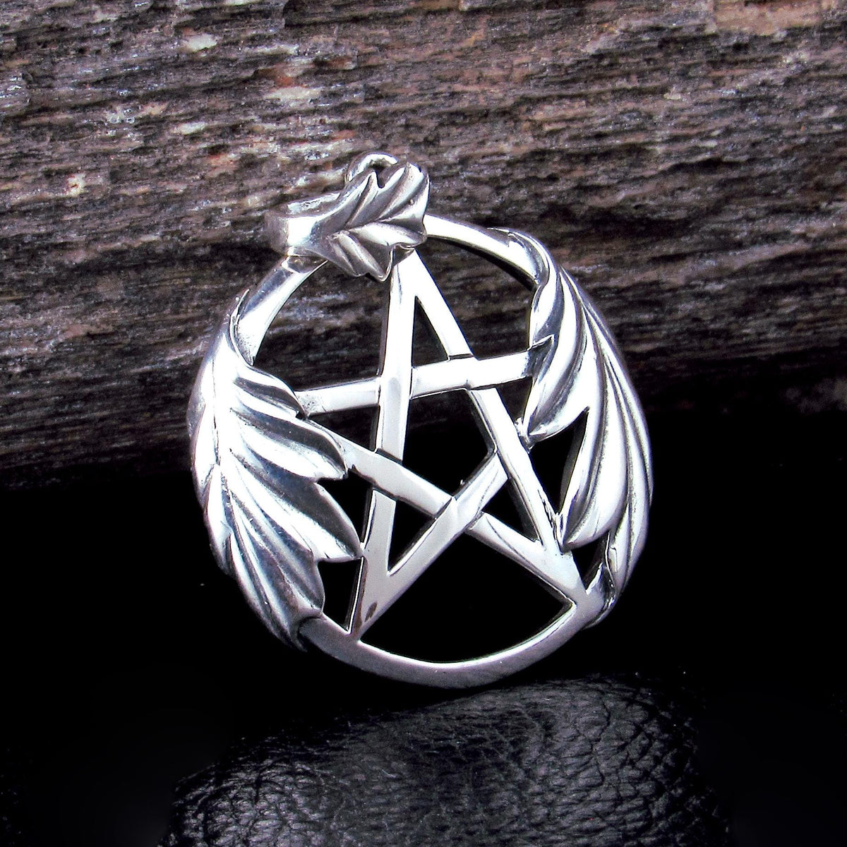 Solid 925 Sterling Silver Pentacle Pendant, Oak Leaf Pentagram, Wiccan / Pagan Witch Necklace Amulet
