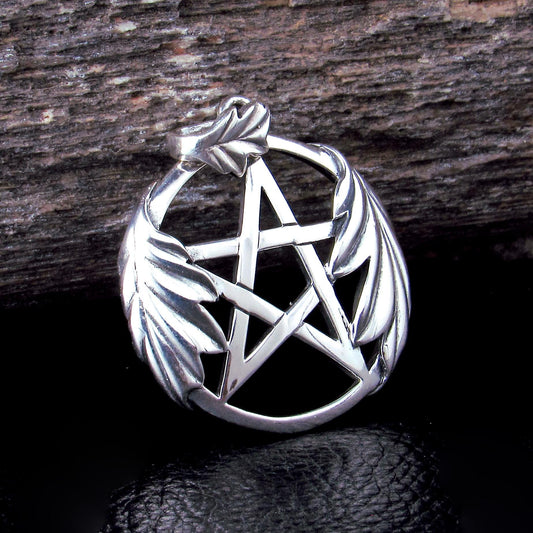 Solid 925 Sterling Silver Pentacle Pendant, Oak Leaf Pentagram, Wiccan / Pagan Witch Necklace Amulet