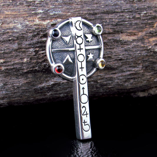 925 Sterling Silver Astrologer’s Cross Pendant – Occult Talisman with Amethyst, Garnet, Peridot & Amber