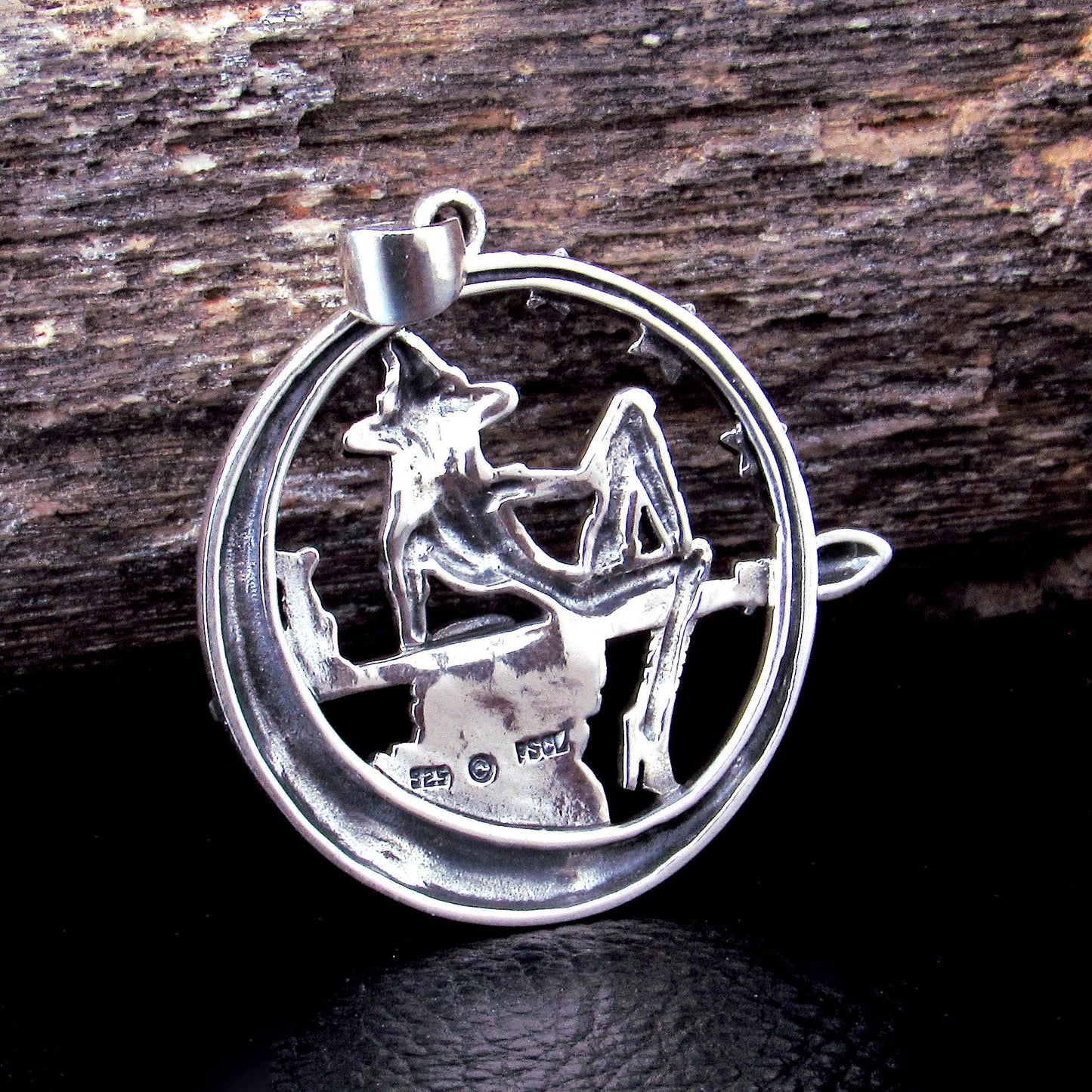 925 Sterling Silver Salem Witch on Broom with Black Cat Pendant – "Love Me Love My Broom"