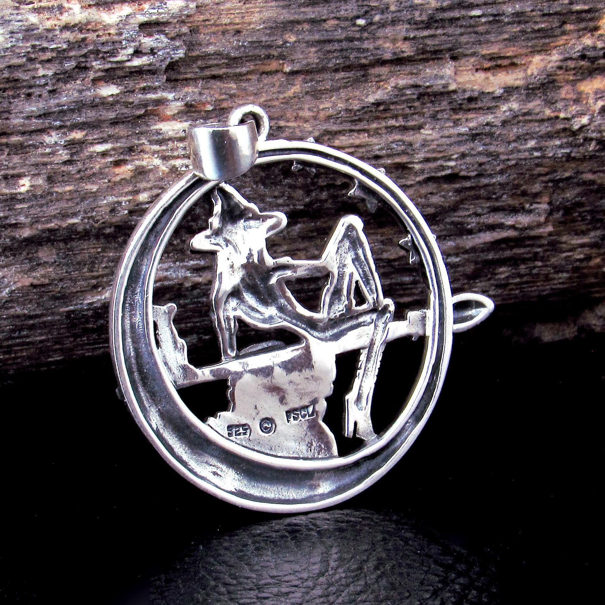 925 Sterling Silver Salem Witch on Broom with Black Cat Pendant – "Love Me Love My Broom"