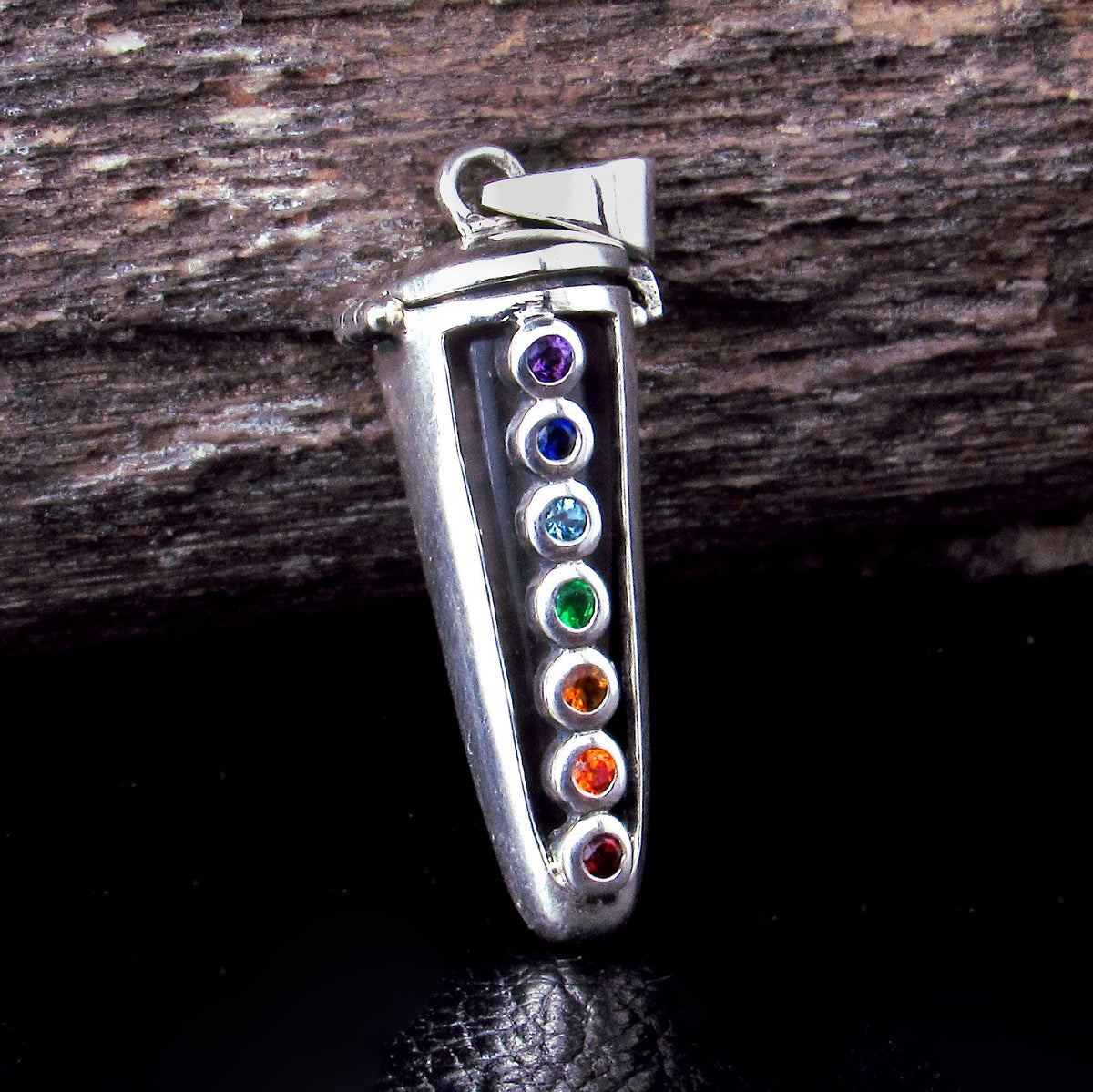 Solid 925 Sterling Silver Chakra Pendulum Pendant, Compartment with Hinged Lid – Seven Gemstone Locket