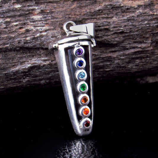 Solid 925 Sterling Silver Chakra Pendulum Pendant, Compartment with Hinged Lid – Seven Gemstone Locket