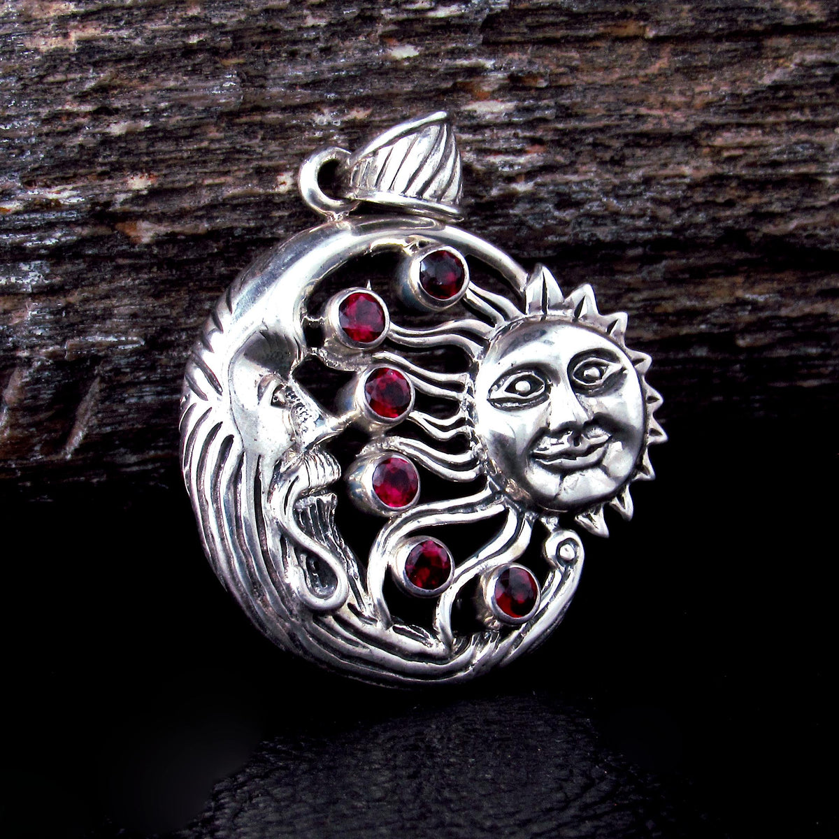 Solid 925 Sterling Silver Sun & Moon Garnet Pendant, Celestial Arcane Amulet, Cosmic Witch Jewelry