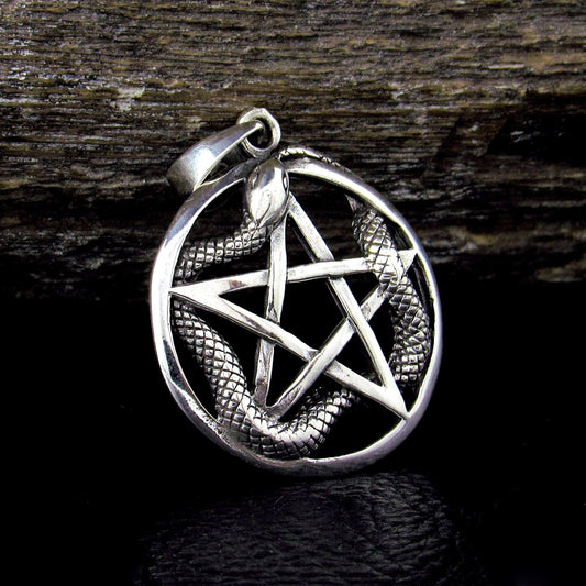 Solid 925 Sterling Silver Ouroboros Pentacle Pendant, Snake Pentagram Pagan Protection Amulet