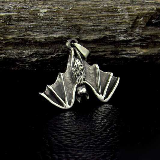 Solid 925 Sterling Silver Hanging Bat Pendant – Gothic Vampire Necklace Charm, Halloween Jewelry, Occult Gift for Men & Women, Bat Totem