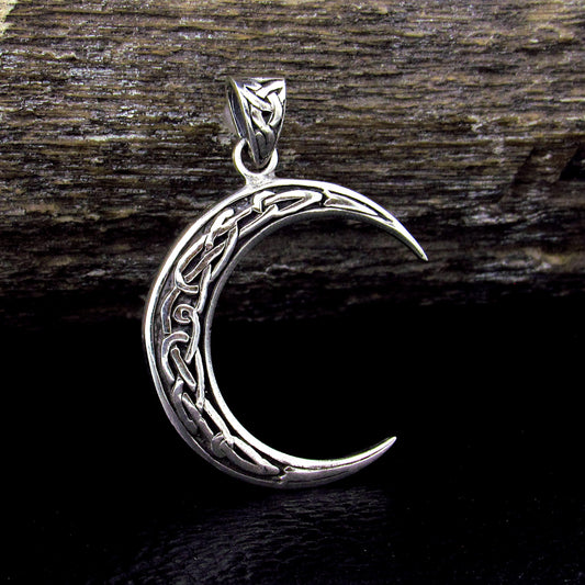 Solid 925 Sterling Silver Crescent Moon Pendant with Celtic Knotwork, Lunar Pagan Amulet