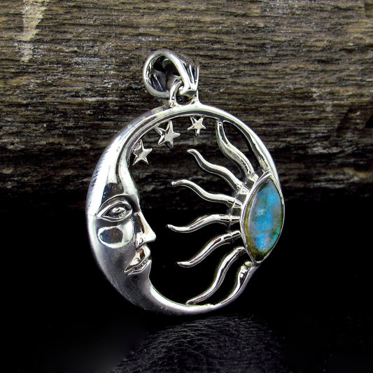 Solid 925 Sterling Silver Sun and Moon Pendant – Labradorite or Rainbow Moonstone Necklace Amulet